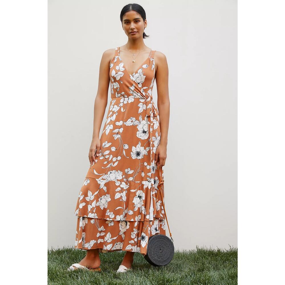 Anthropologie Ruffled Floral Midi Dress Brown Motif Medium Faux Wrap Resortwear - Picture 4 of 12